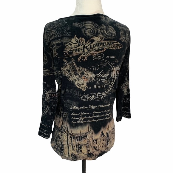 MONA Lisa🖤Graphic Black 3/4 Sleeve Scoop Neck T-Shirt Top - Picture 3 of 8